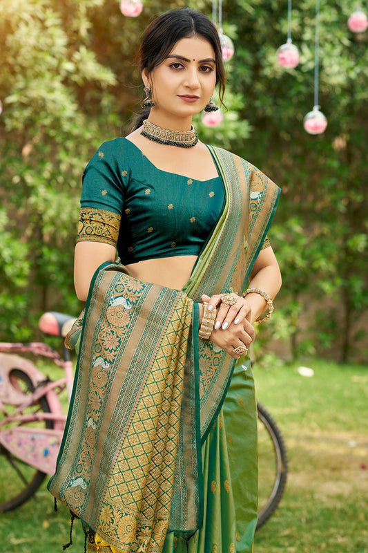 Green and Gold Banarasi Saree Maroon Blouse Traditional Saree