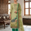 Graceful Pista Green Linen Cotton Printed Semi-Stitched Straight Salwar Suit with Dupatta