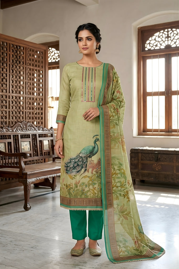 Graceful Pista Green Linen Cotton Printed Semi-Stitched Straight Salwar Suit with Dupatta