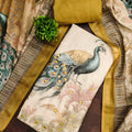 Chic Off-White Linen Cotton Printed Semi-Stitched Straight Salwar Suit with Mustard Dupatta