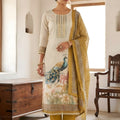 Chic Off-White Linen Cotton Printed Semi-Stitched Straight Salwar Suit with Mustard Dupatta