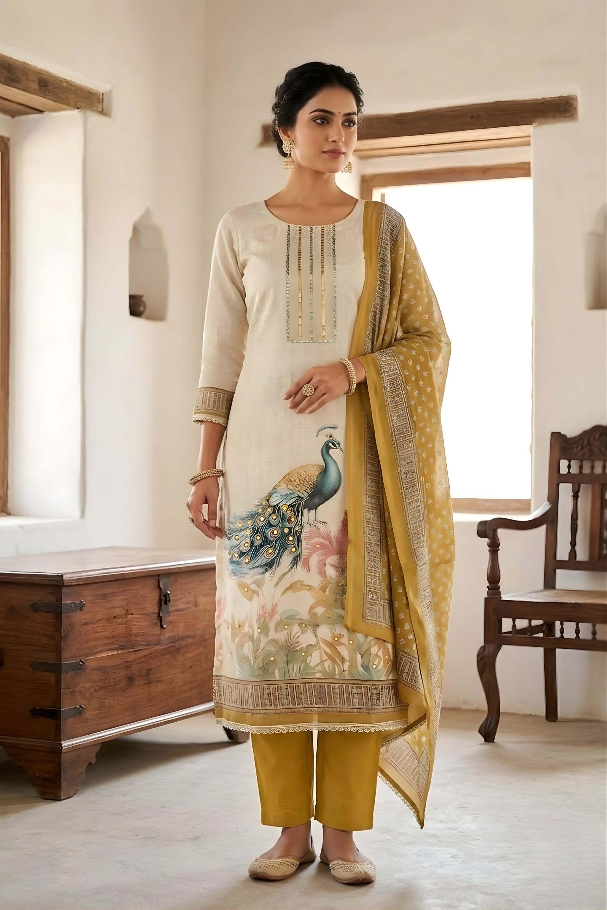 Chic Off-White Linen Cotton Printed Semi-Stitched Straight Salwar Suit with Mustard Dupatta