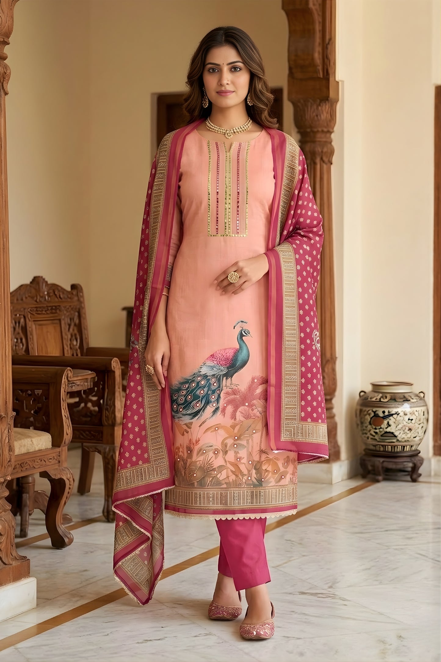 Radiant Pink Linen Cotton Printed Semi-Stitched Straight Salwar Suit with Dupatta