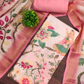 Delightful Baby Pink Linen Cotton Floral Printed Semi-Stitched Straight Salwar Suit with Dupatta