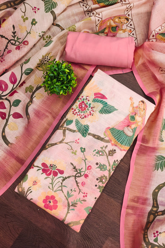 Delightful Baby Pink Linen Cotton Floral Printed Semi-Stitched Straight Salwar Suit with Dupatta