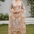 Lovely Peach Linen Cotton Floral Printed Semi-Stitched Straight Salwar Suit with Dupatta