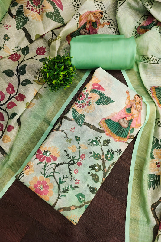 Fresh Mint Green Linen Cotton Floral Printed Semi-Stitched Straight Salwar Suit with Dupatta