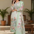 Fresh Mint Green Linen Cotton Floral Printed Semi-Stitched Straight Salwar Suit with Dupatta