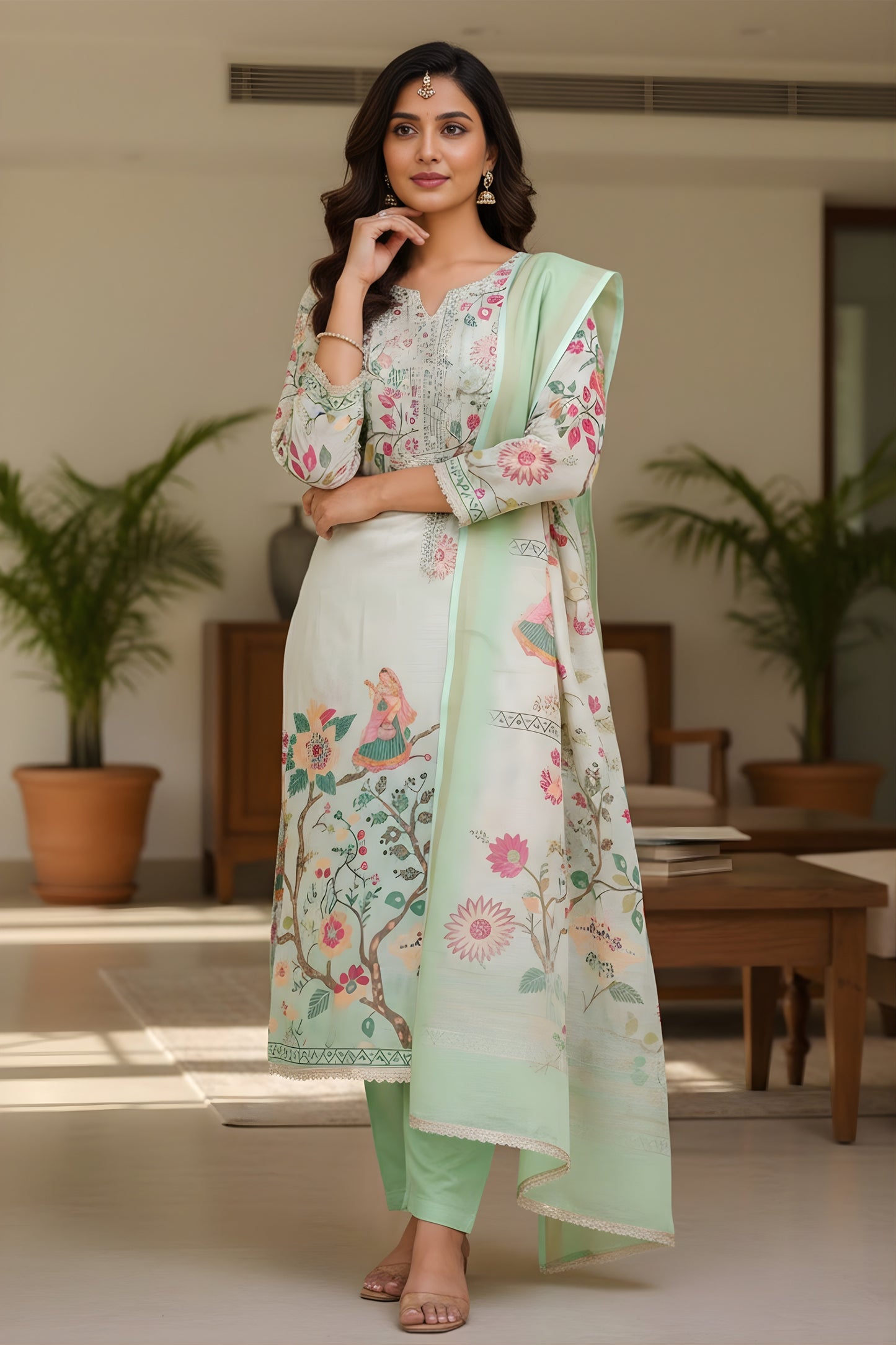 Fresh Mint Green Linen Cotton Floral Printed Semi-Stitched Straight Salwar Suit with Dupatta
