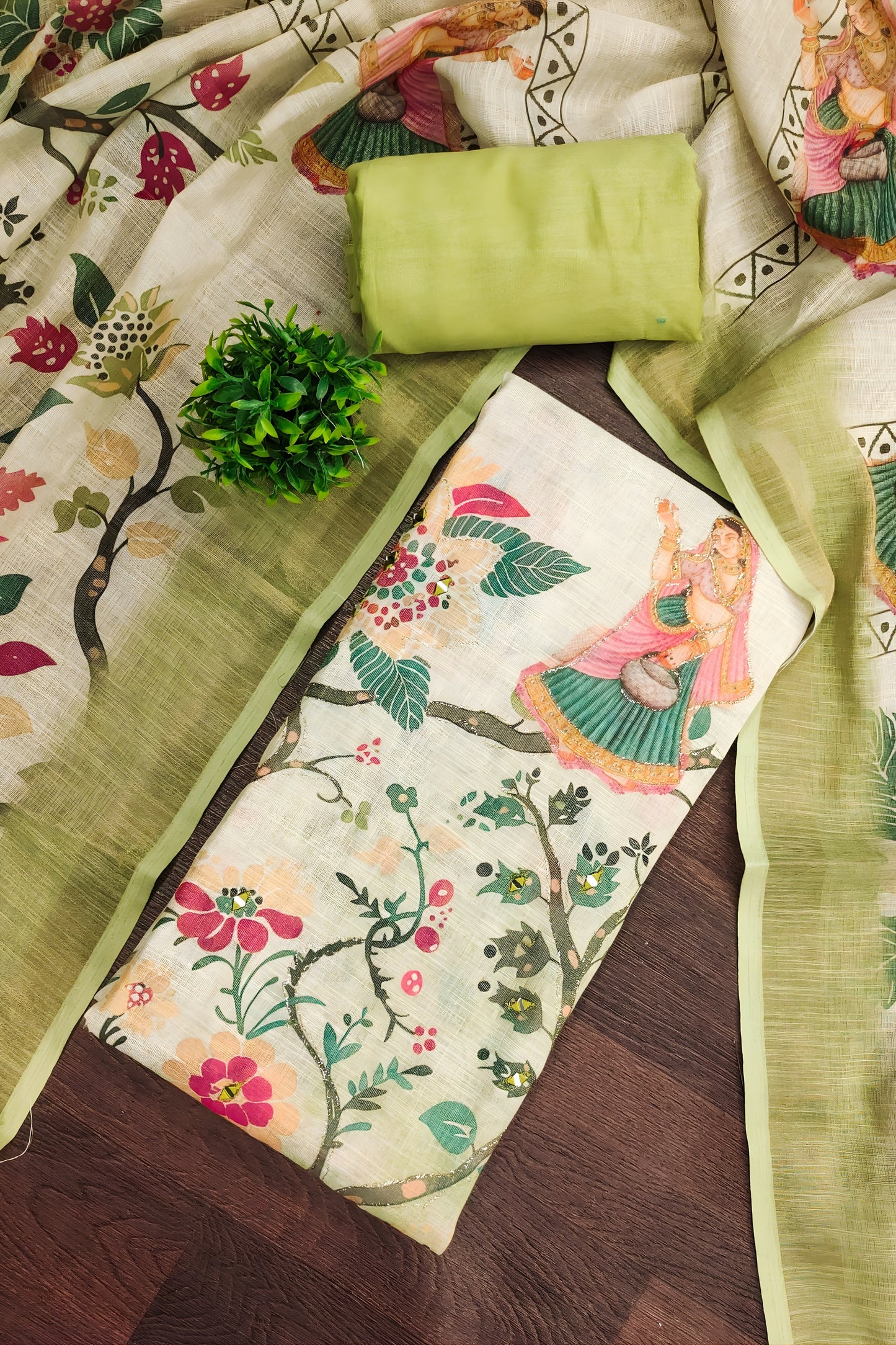 Trendy Pista Green Linen Cotton Floral Printed Semi-Stitched Straight Salwar Suit with Dupatta