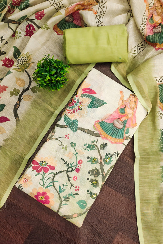 Trendy Pista Green Linen Cotton Floral Printed Semi-Stitched Straight Salwar Suit with Dupatta