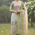 Trendy Pista Green Linen Cotton Floral Printed Semi-Stitched Straight Salwar Suit with Dupatta