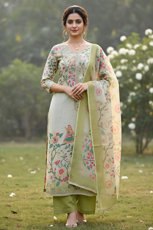 Trendy Pista Green Linen Cotton Floral Printed Semi-Stitched Straight Salwar Suit with Dupatta
