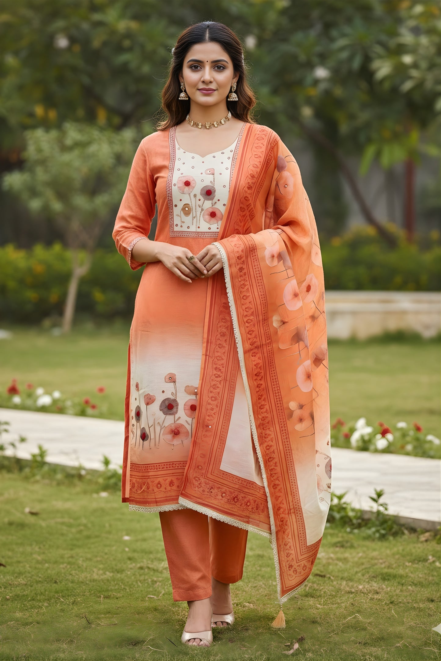 Stylish Orange Linen Cotton Floral Printed Semi-Stitched Straight Salwar Suit with Dupatta