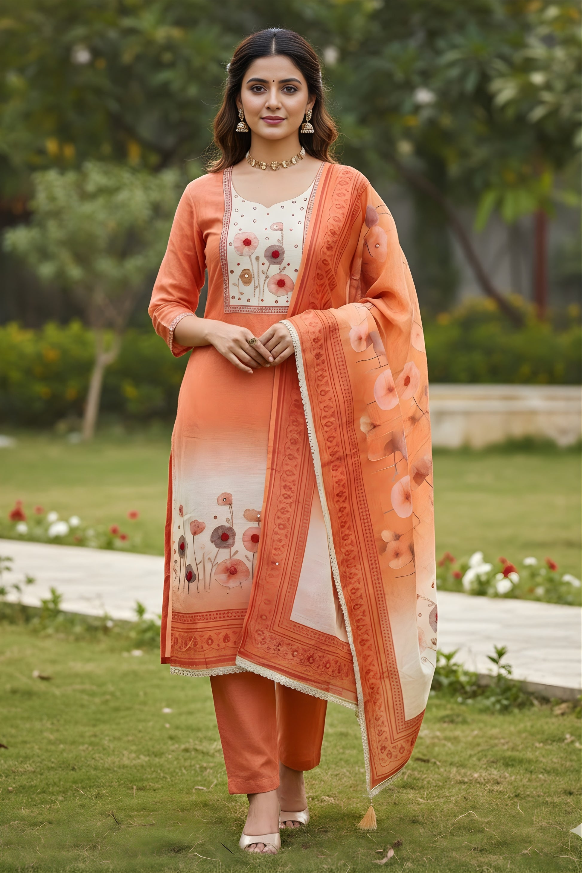 Stylish Orange Linen Cotton Floral Printed Semi-Stitched Straight Salwar Suit with Dupatta