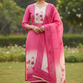 Vibrant Rani Pink Linen Cotton Floral Printed Semi-Stitched Straight Salwar Suit with Dupatta