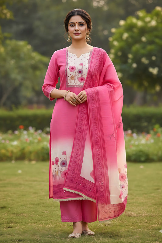 Vibrant Rani Pink Linen Cotton Floral Printed Semi-Stitched Straight Salwar Suit with Dupatta