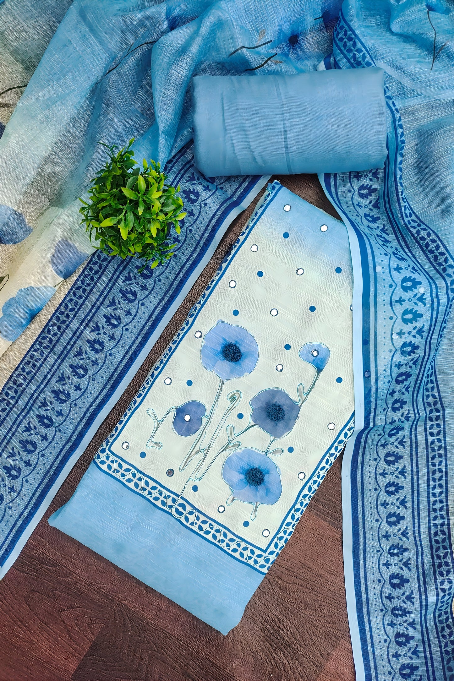 Elegant Sky Blue Linen Cotton Floral Printed Semi-Stitched Straight Salwar Suit with Dupatta