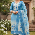 Elegant Sky Blue Linen Cotton Floral Printed Semi-Stitched Straight Salwar Suit with Dupatta