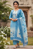 Elegant Sky Blue Linen Cotton Floral Printed Semi-Stitched Straight Salwar Suit with Dupatta