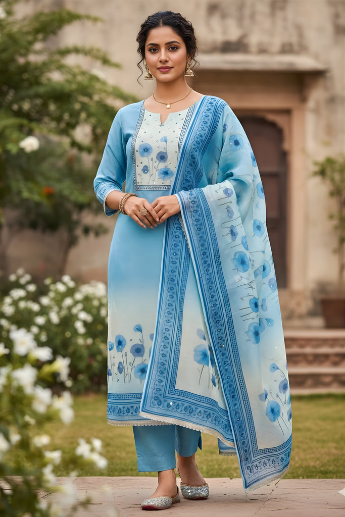 Elegant Sky Blue Linen Cotton Floral Printed Semi-Stitched Straight Salwar Suit with Dupatta