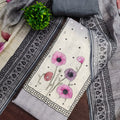 Splendid Grey Linen Cotton Floral Printed Semi-Stitched Straight Salwar Suit with Dupatta