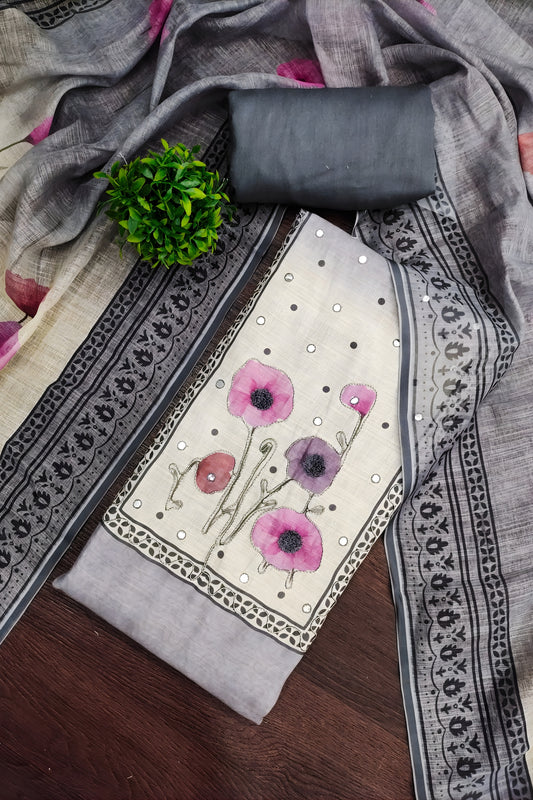 Splendid Grey Linen Cotton Floral Printed Semi-Stitched Straight Salwar Suit with Dupatta