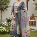 Splendid Grey Linen Cotton Floral Printed Semi-Stitched Straight Salwar Suit with Dupatta