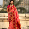 Pink Red Banarasi Silk Saree with Rich Golden Zari Border 