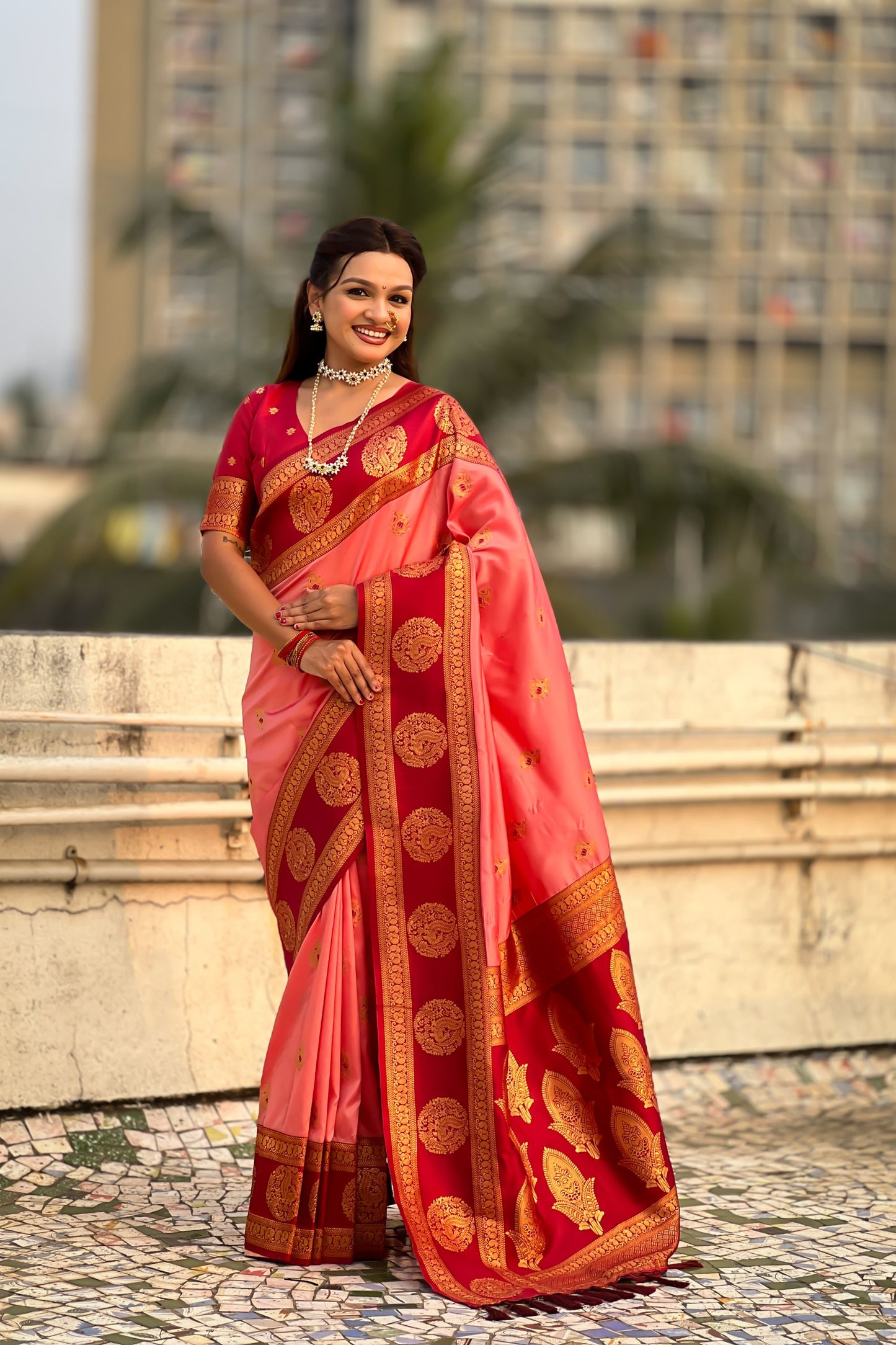 Pink Red Banarasi Silk Saree with Rich Golden Zari Border 
