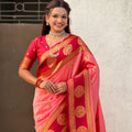 Pink Red Banarasi Silk Saree with Rich Golden Zari Border