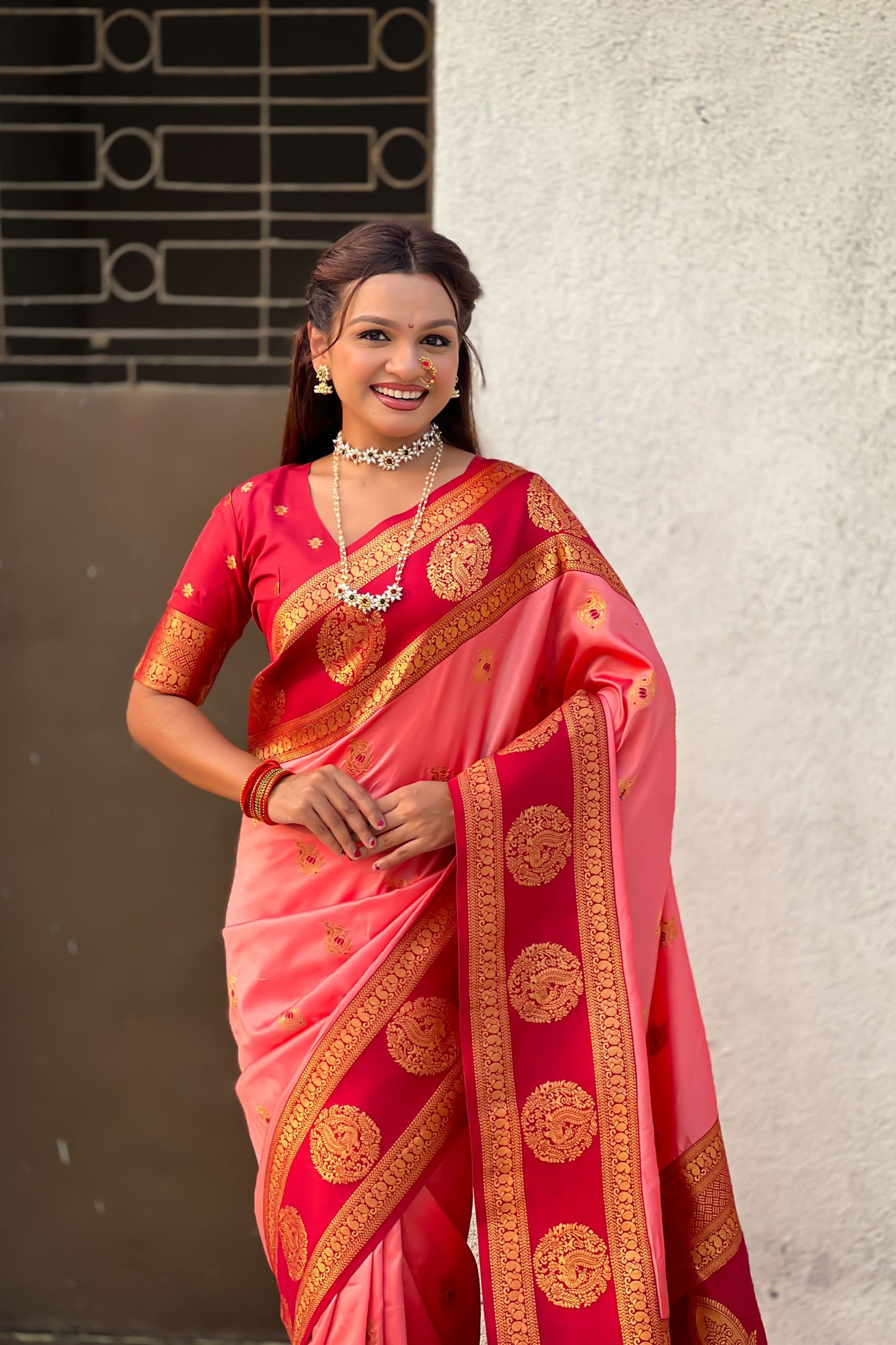 Pink Red Banarasi Silk Saree with Rich Golden Zari Border