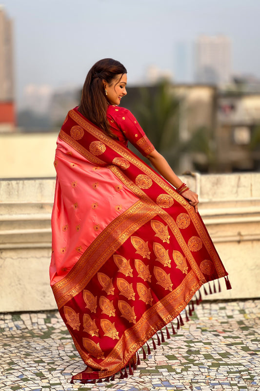 Pink Red Banarasi Silk Saree with Rich Golden Zari Border