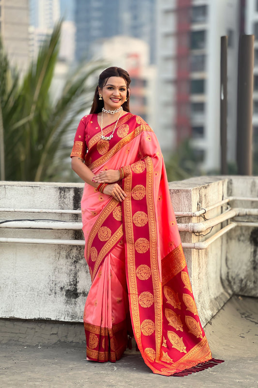 Pink Red Banarasi Silk Saree with Rich Golden Zari Border