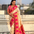 Cream Pink Banarasi Silk Saree with Rich Golden Zari Border