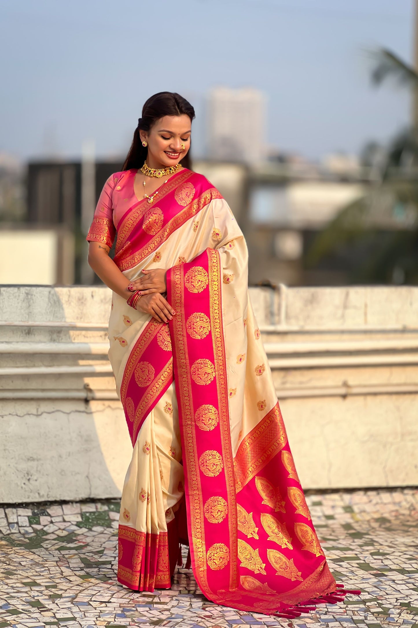 Cream Pink Banarasi Silk Saree with Rich Golden Zari Border