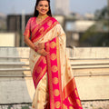  Cream Pink Banarasi Silk Saree with Rich Golden Zari Border 