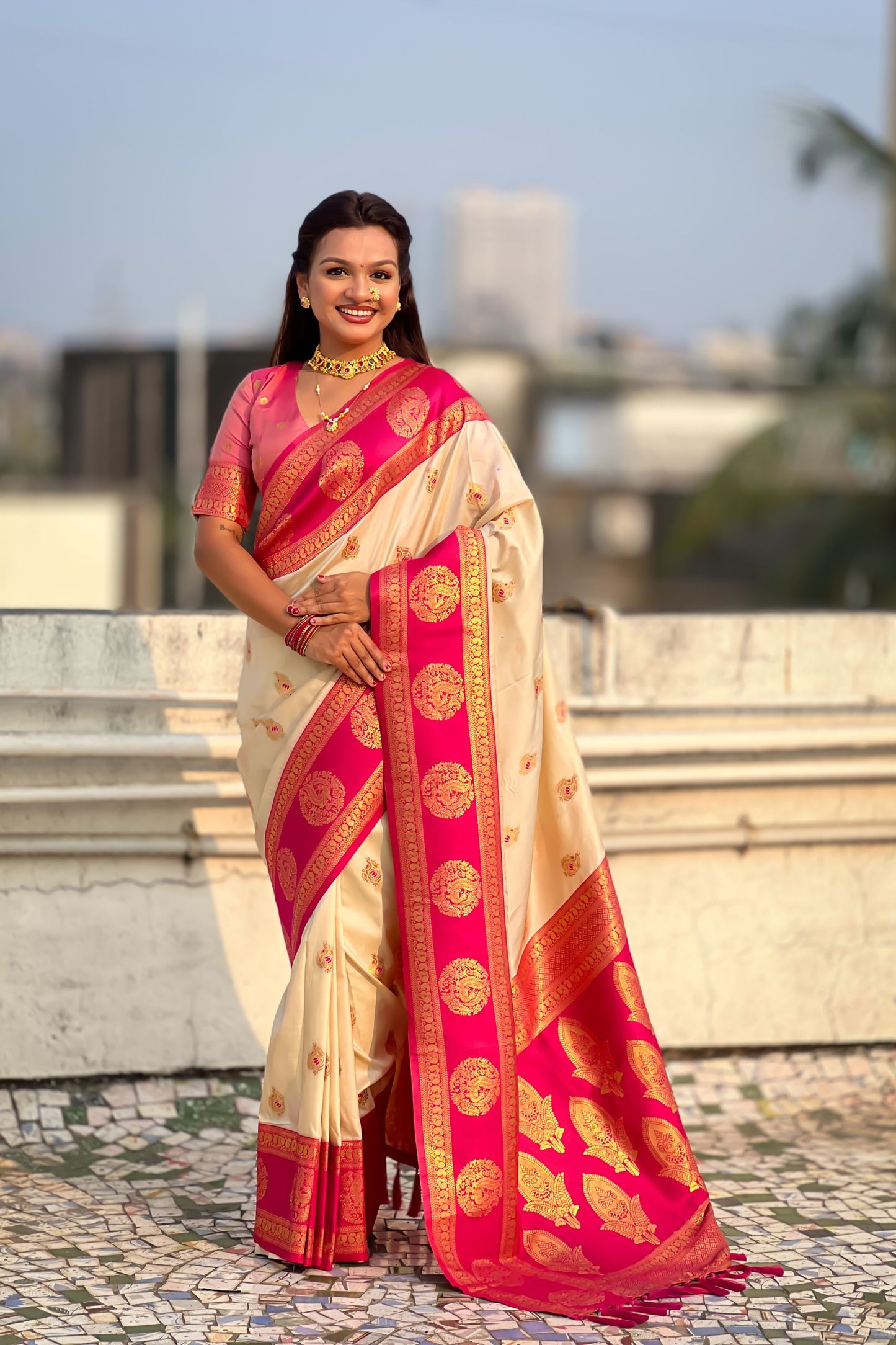  Cream Pink Banarasi Silk Saree with Rich Golden Zari Border 