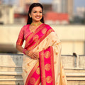 Cream Pink Banarasi Silk Saree with Rich Golden Zari Border