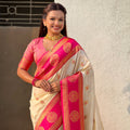 Cream Pink Banarasi Silk Saree with Rich Golden Zari Border