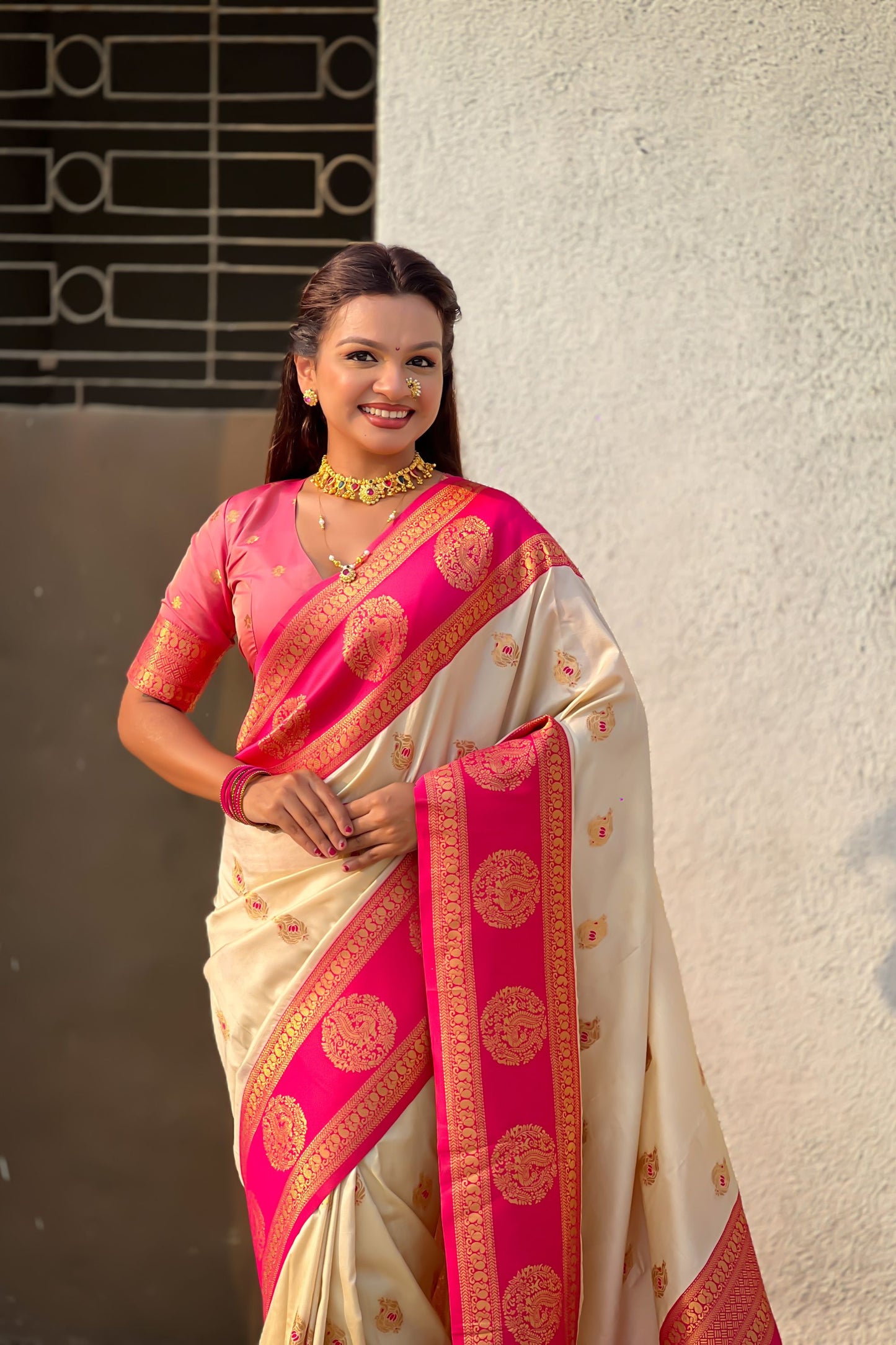 Cream Pink Banarasi Silk Saree with Rich Golden Zari Border
