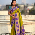 Green Purple Banarasi Silk Saree with Rich Golden Zari Border 