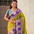 Green Purple Banarasi Silk Saree with Rich Golden Zari Border