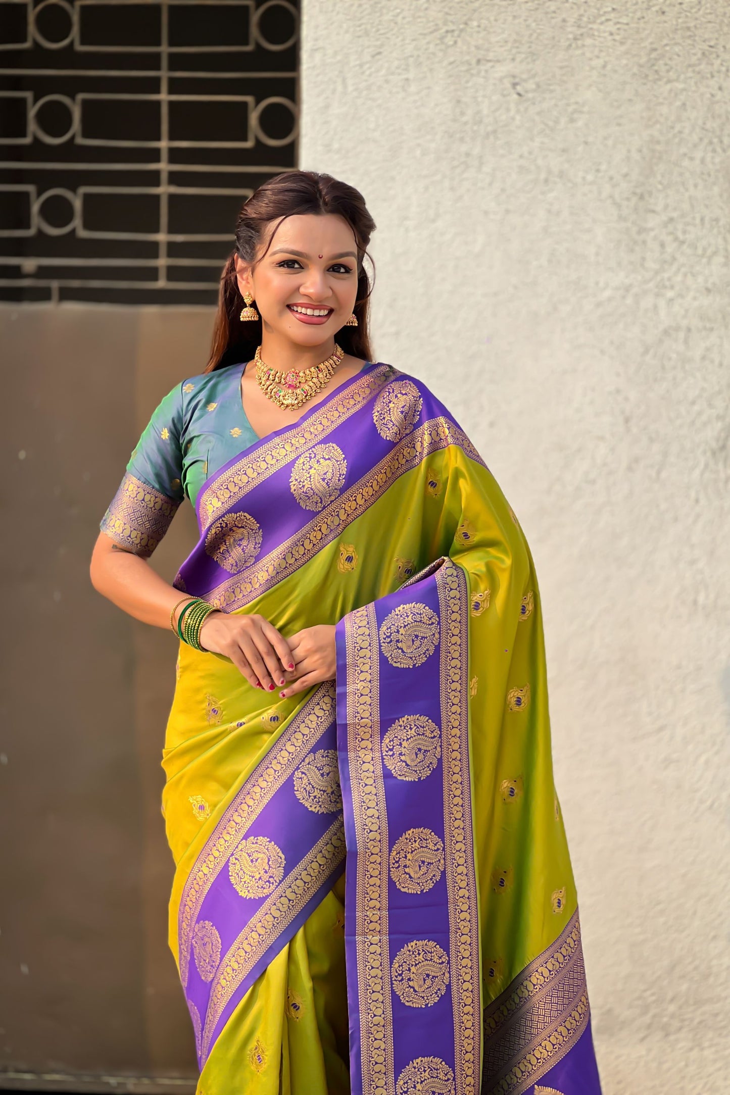 Green Purple Banarasi Silk Saree with Rich Golden Zari Border