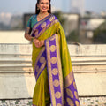 Green Purple Banarasi Silk Saree with Rich Golden Zari Border