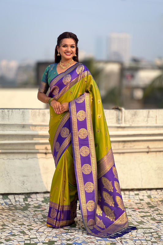 Green Purple Banarasi Silk Saree with Rich Golden Zari Border