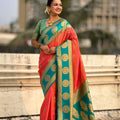 Teal Green Coral Orange Banarasi Silk Saree with Rich Golden Zari Border