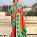 Teal Green Coral Orange Banarasi Silk Saree with Rich Golden Zari Border 