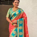 Teal Green Coral Orange Banarasi Silk Saree with Rich Golden Zari Border