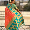 Teal Green Coral Orange Banarasi Silk Saree with Rich Golden Zari Border
